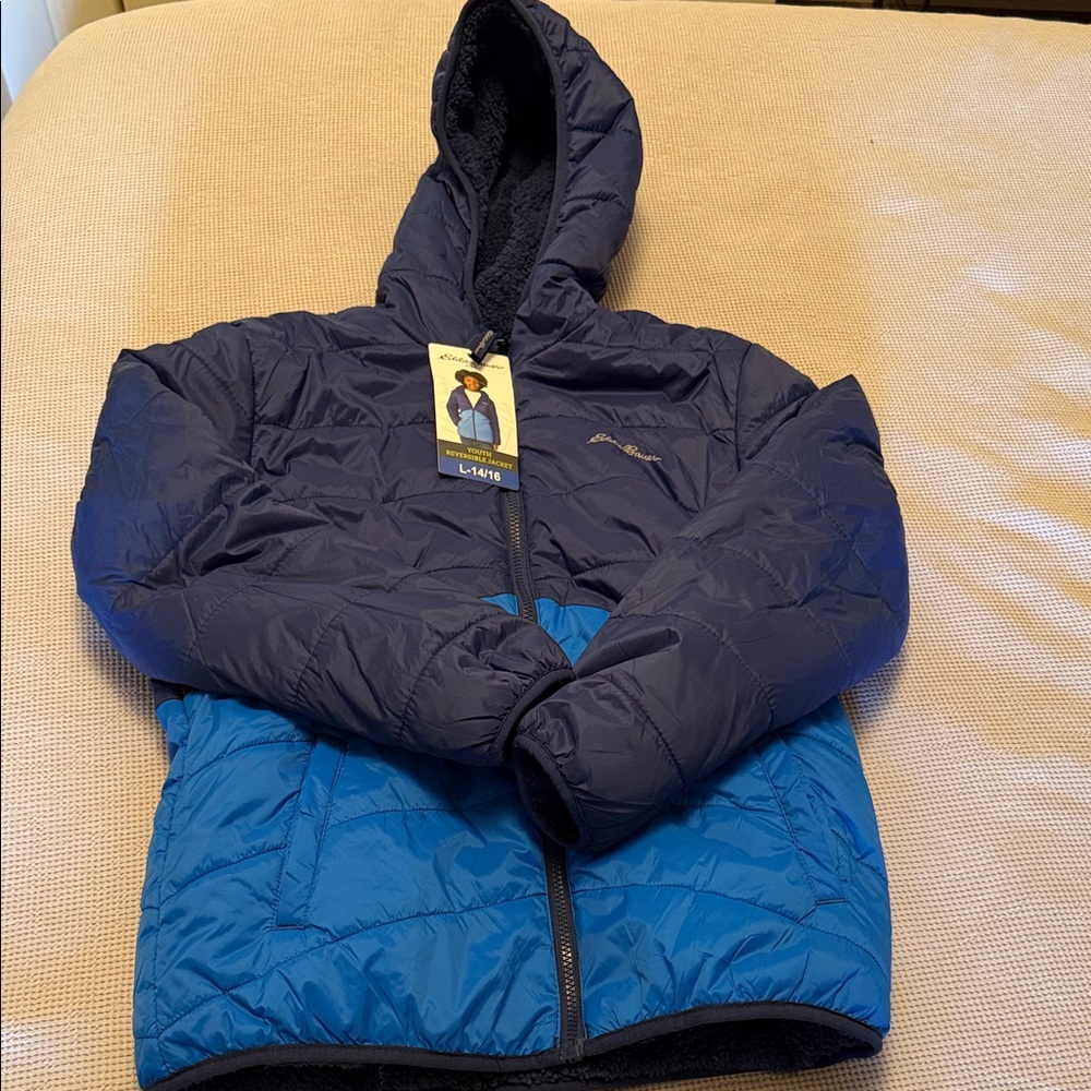 2 Jackets!!! Kids Two-Tone Hooded Puffer Jacket - Navy & Bright Blue